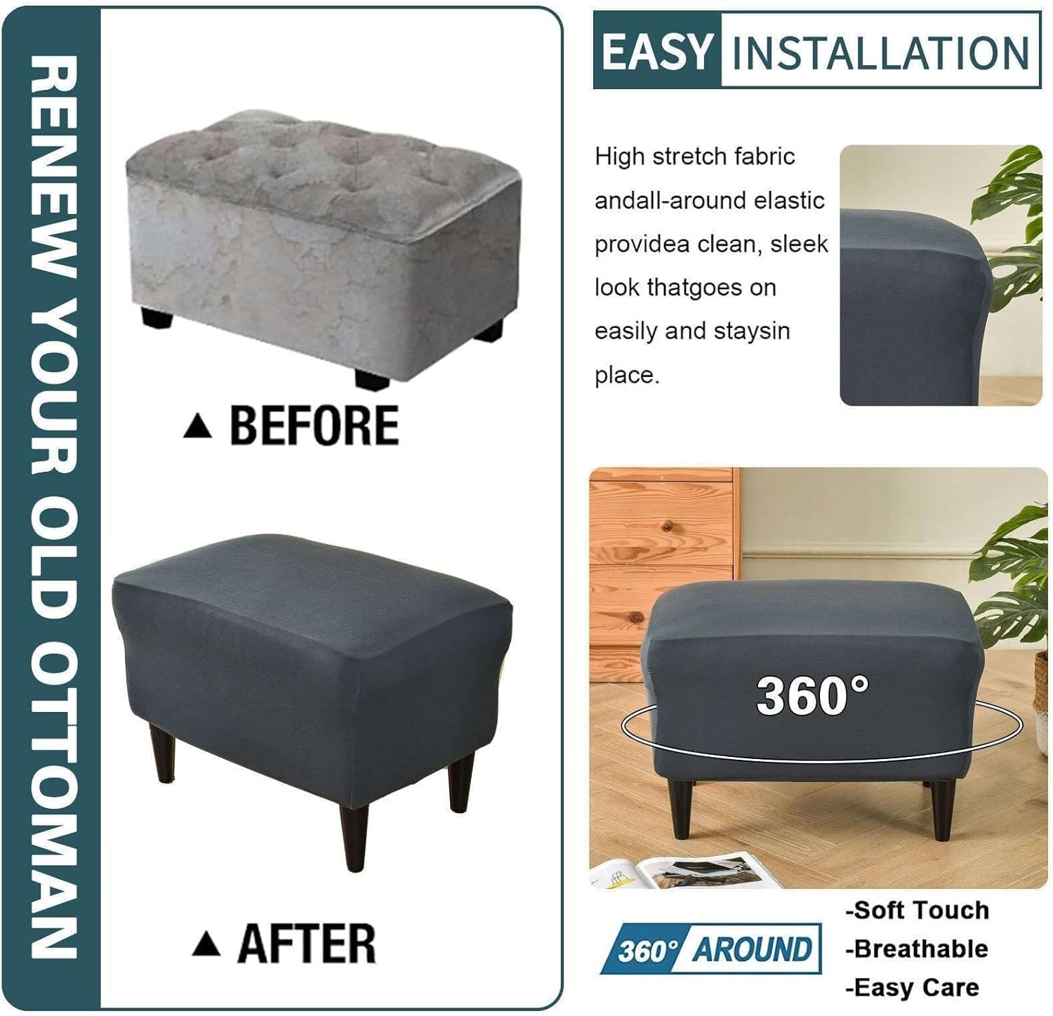 Spandex Wingback Chair Slipcover Set (2-Piece) + Storage Ottoman Cover - Stretch Washable Living Room Furniture Protectors(Dark Grey)