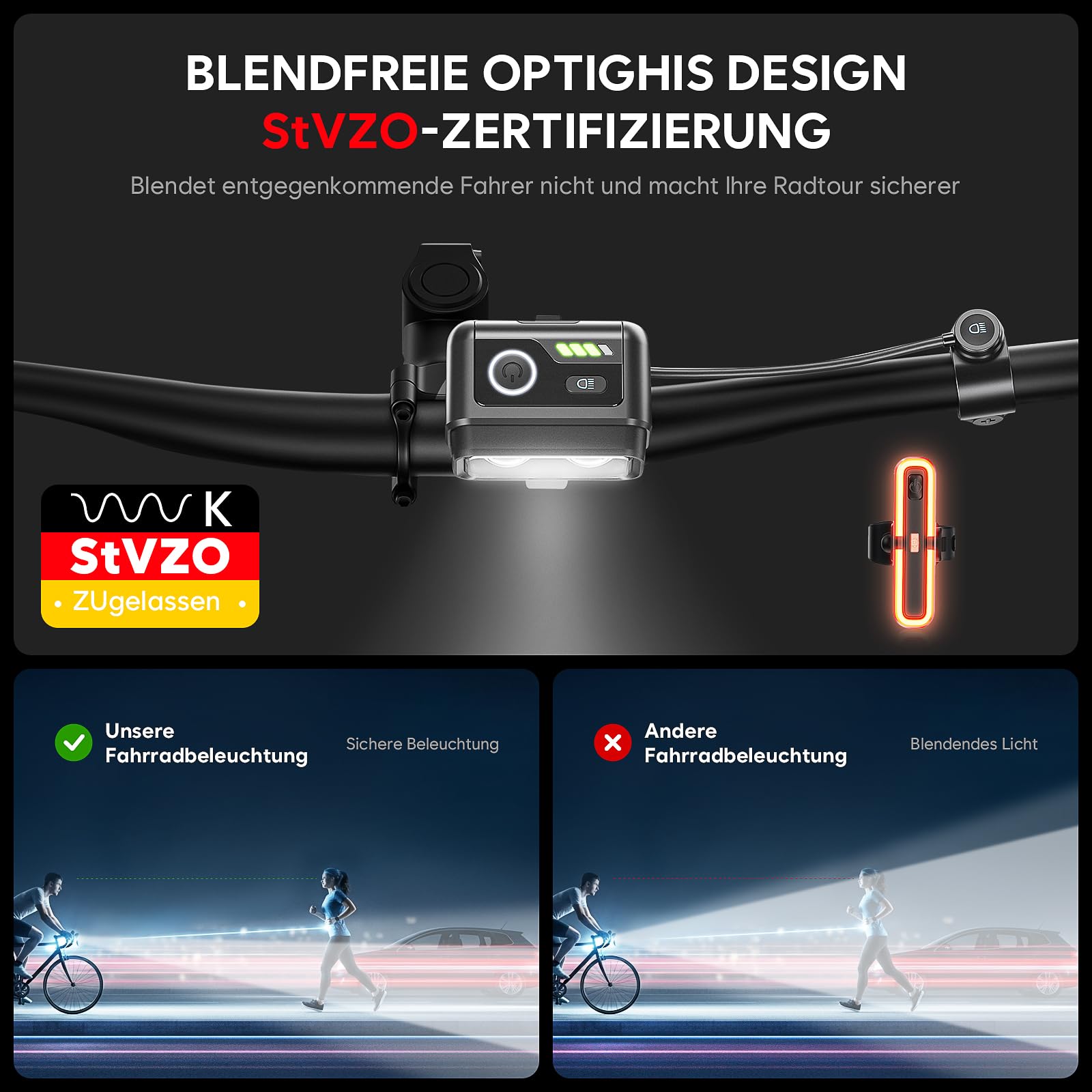 Fahrradlicht Set 100LUX, Fahrradrücklicht Mit Bremsfernlichtfunktion, Aufladbar Fahrradlampe mit 3200mAh Akku, StVZO zugelassen, IPX5 Wasserdicht Frontlicht & Rücklicht Set für Fahrrad MTB Ebike