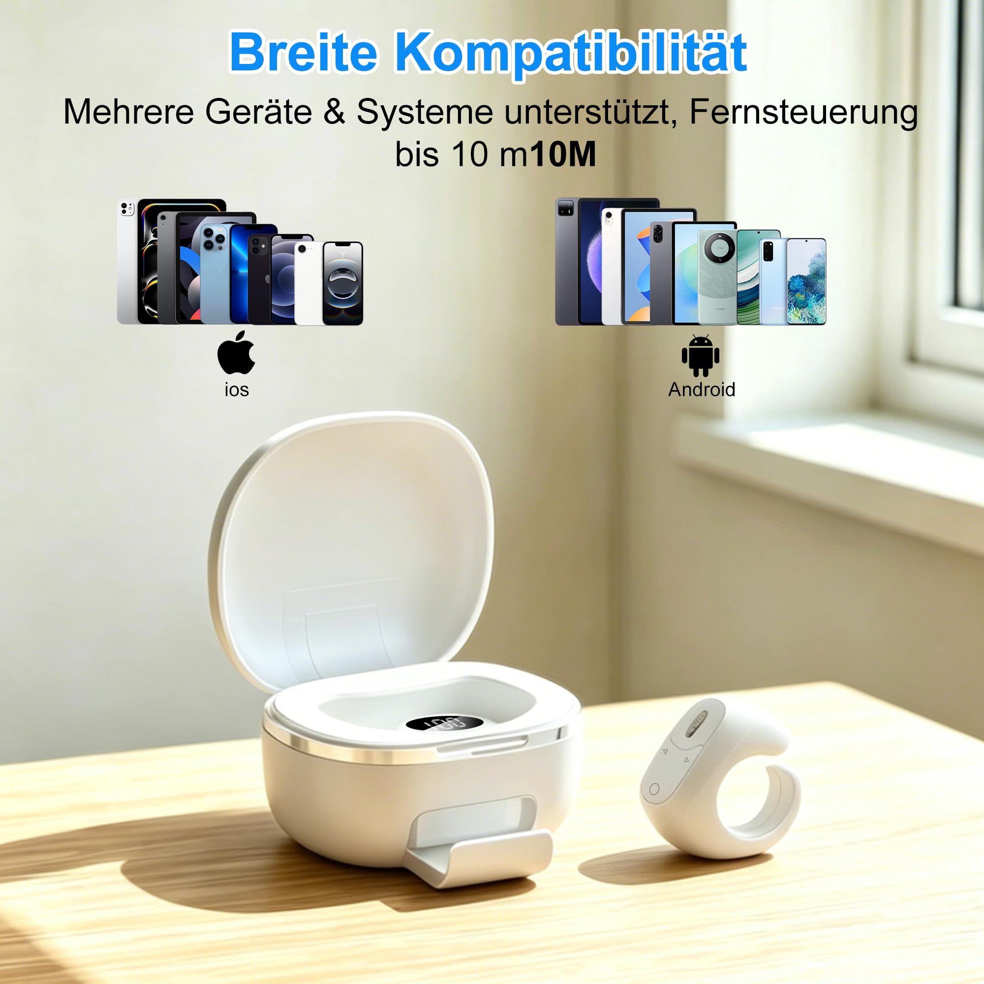 Kabellose Bluetooth-Fernbedienung, TikTok-Scrolling Ring Wiederaufladbarer mit Ladehülle, Remote Kurzvideo, Kamera Auslöser, E-Book PPT Seitenwender, für Smartphone Tablet Zuhause Reisen Büro-Weiß