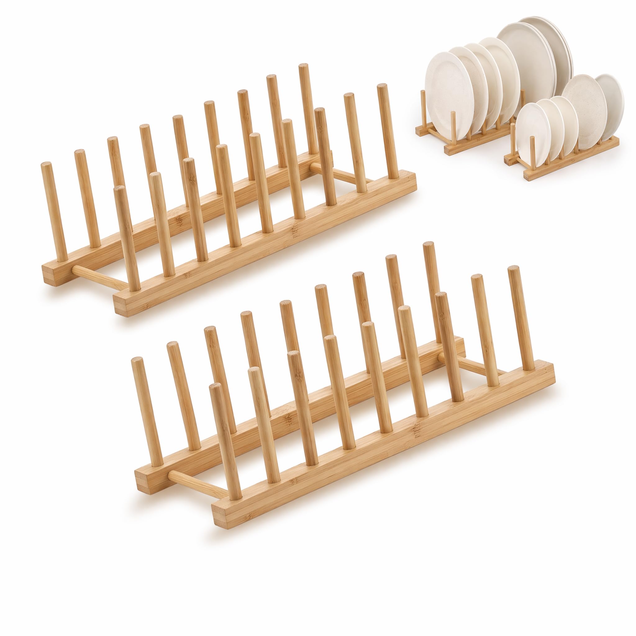 2 Pcs Wooden Plate Racks, 34.5×11.5×10cm Bamboo Cupboards Dish Rack