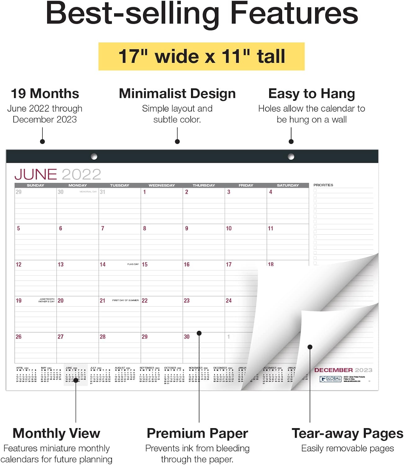 Global Printed Products Desk Calendar 2022-2023: 11"x17" - (Runs from June 2022 Through December 2023) (1 Pack - Basic) : Office Products