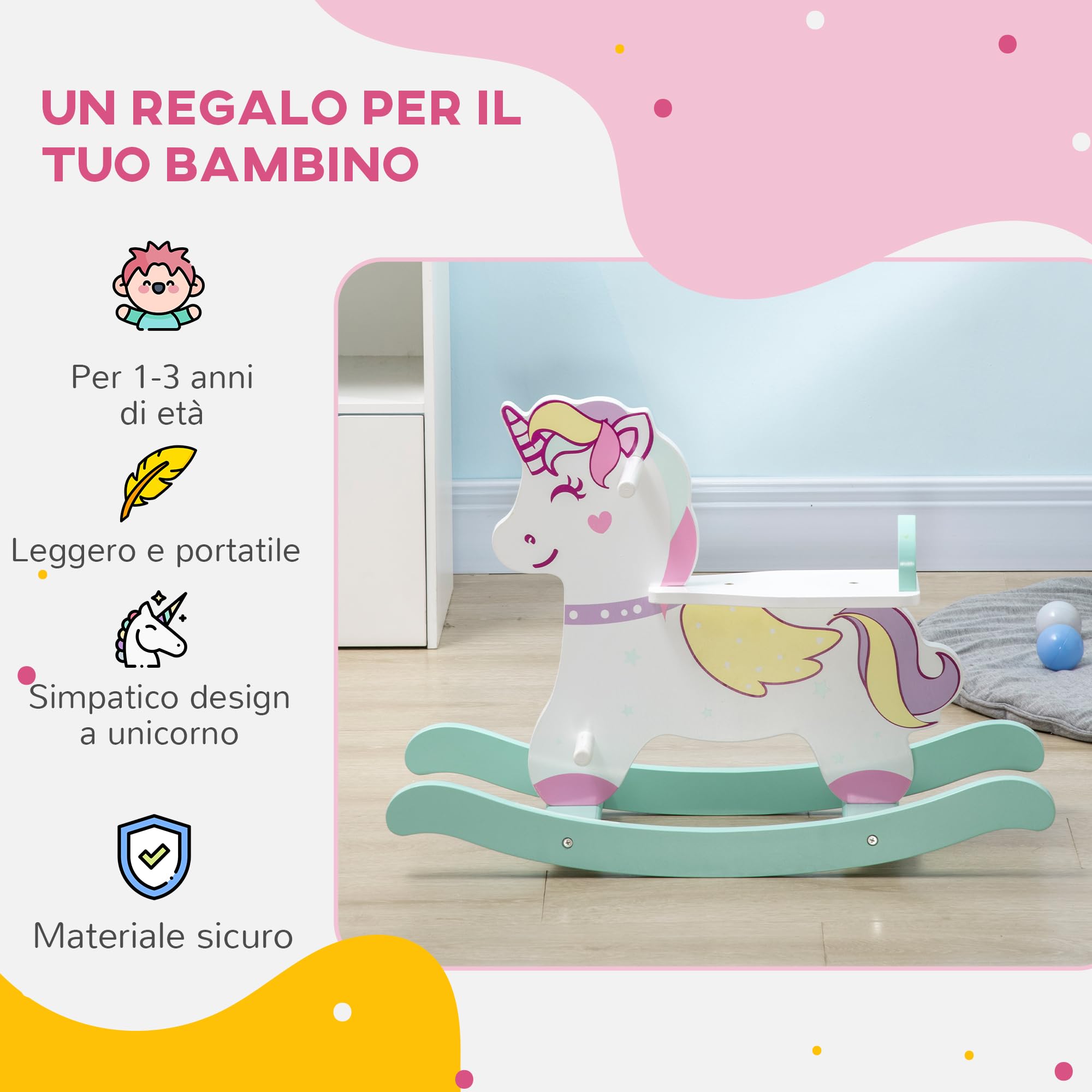 HOMCOM Cavallo a Dondolo per Bambini 1-3 Anni Cavalcabile, Cavalluccio a Dondolo con Maniglie, Schienale e Pedali in MDF, 68x27x47.5 cm, Blu Rosa Bianco
