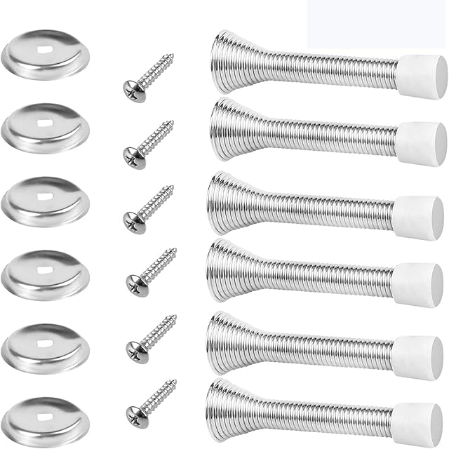 rongrong Spring Door Stop, 6 Pack Metal Door Stoppers Wall Mounted Doorstop with Screws Base Plate Rubber Bumper Tips for Protect Walls and Doors (Sliver)