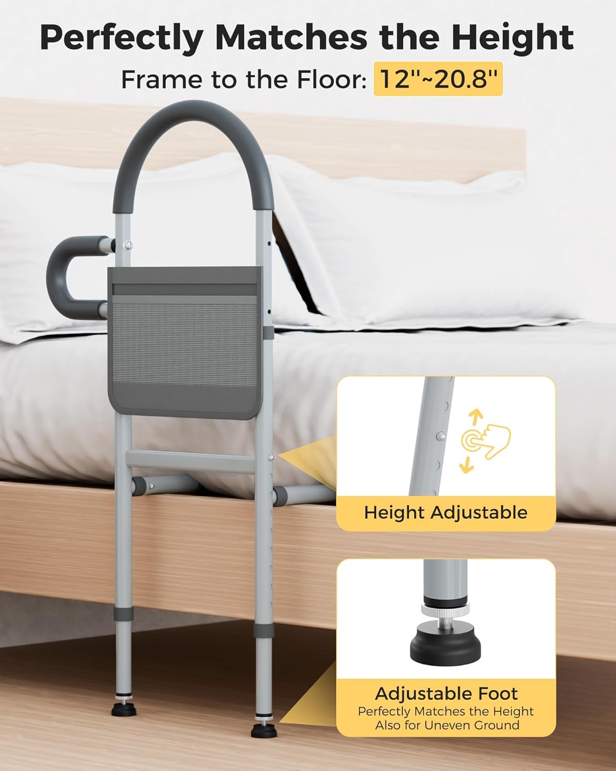 Bed Rails for Elderly Adults Safety, Bedrails for Elderly Adults Grab Bar Bed Handrails, Cane for Seniors with Non-Slip Ergonomic Handle and Storage Pocket, Fit Twin, Full, Queen, King