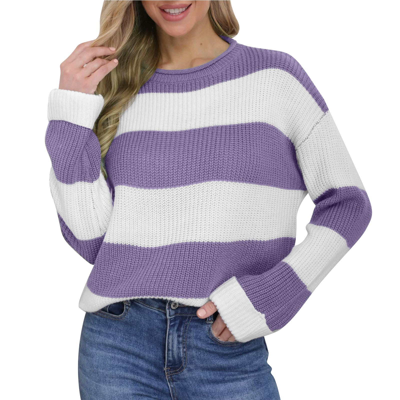 Womens 2025 Striped Sweaters Oversized Lantern Long Sleeve Pullover Tops Fall Casual Crewneck Loose Sweater Chunky Shirts