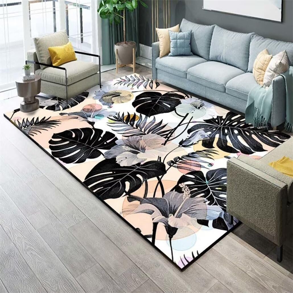 Tapis de salon noir 60x110cm rectangulaire à motif de feuilles pour chambre