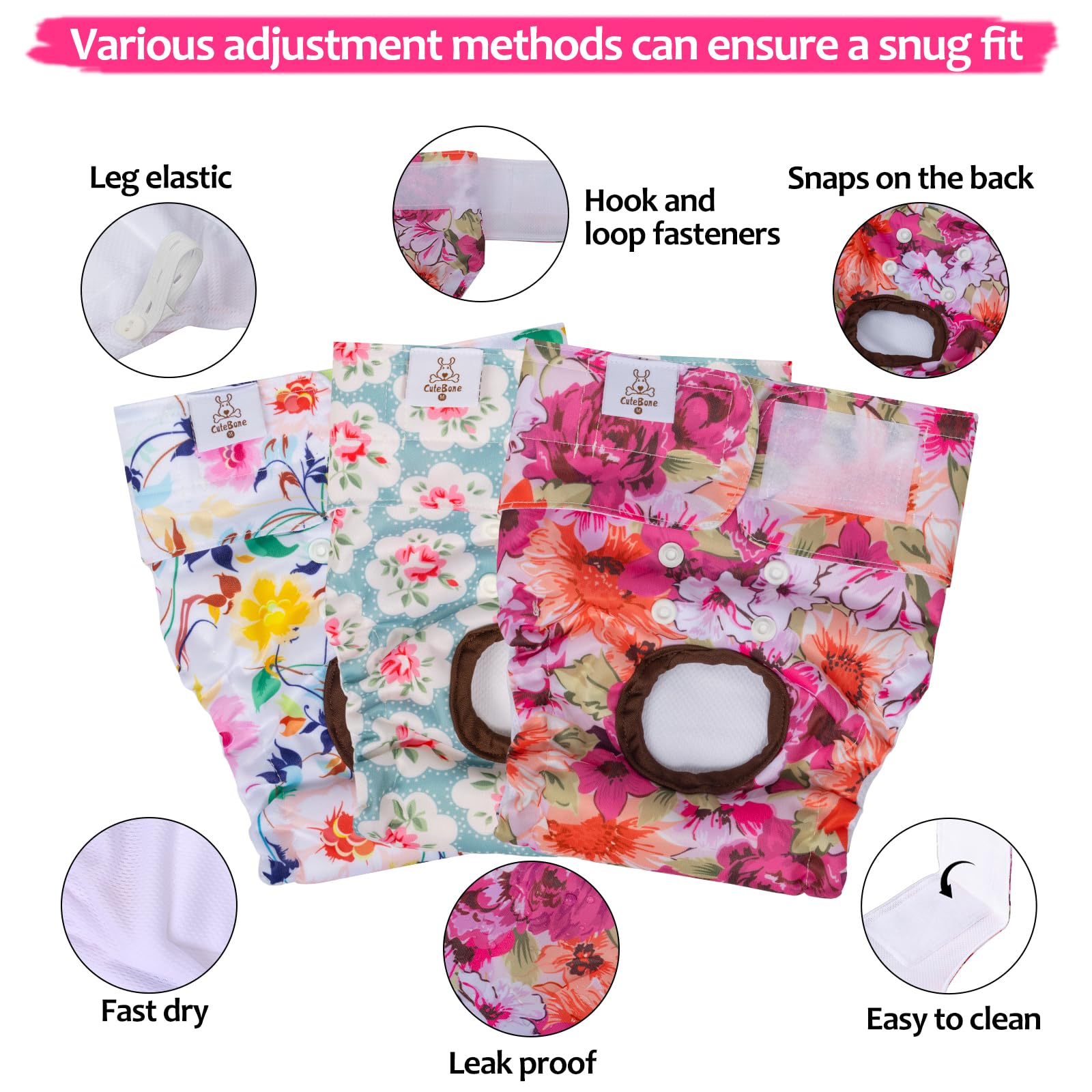 CuteBone Dog Diapers Female 3 Pack Reusable Doggy Diapers with One Suspender for Small Medium Large Dog Period BDD02M