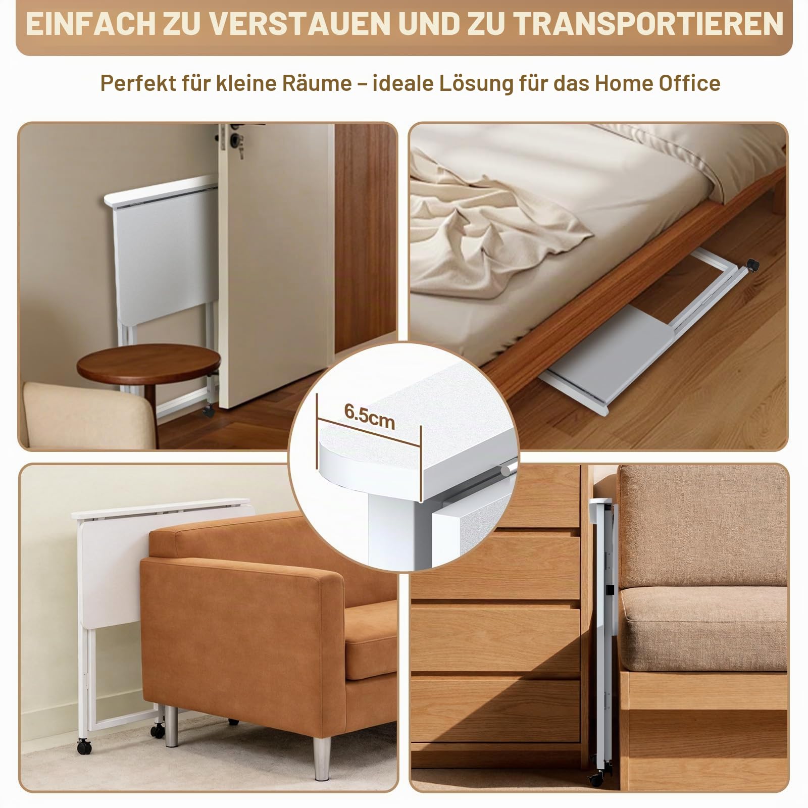 Huracan Klappschreibtisch, Kleiner Schreibtisch Klappbar mit Rollen, Höhenverstellbar 80x40x74 cm, Multifunktionaler Schreibtisch für Home Office, Arbeiten & Hobbys, Ergonomisch, Platzsparend, Weiß