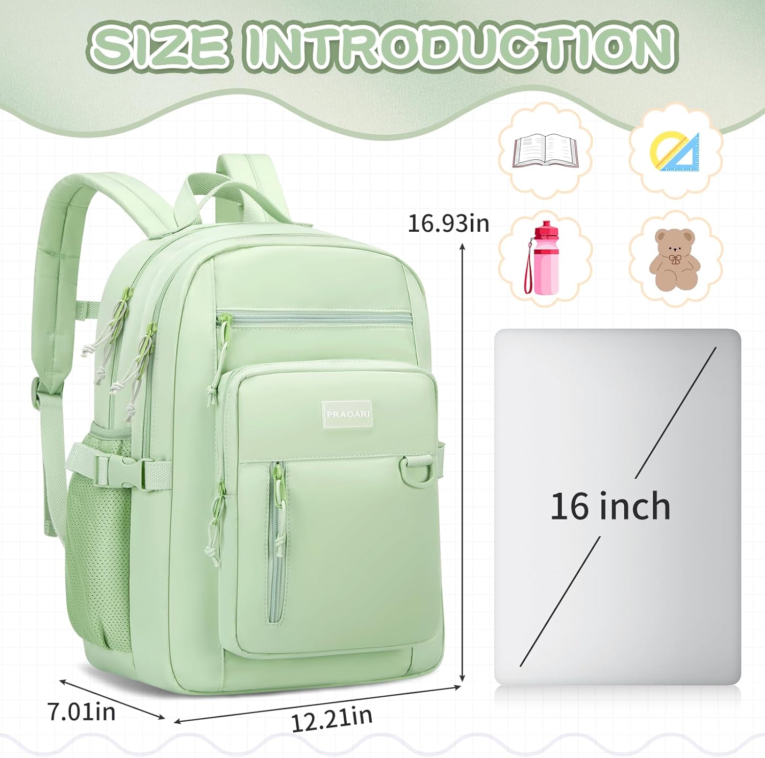 Kids Backpack for School Cute Aesthetic Green Backpack Girls Student Bookbag Women Travel Lightweight Book Bag - Image 2