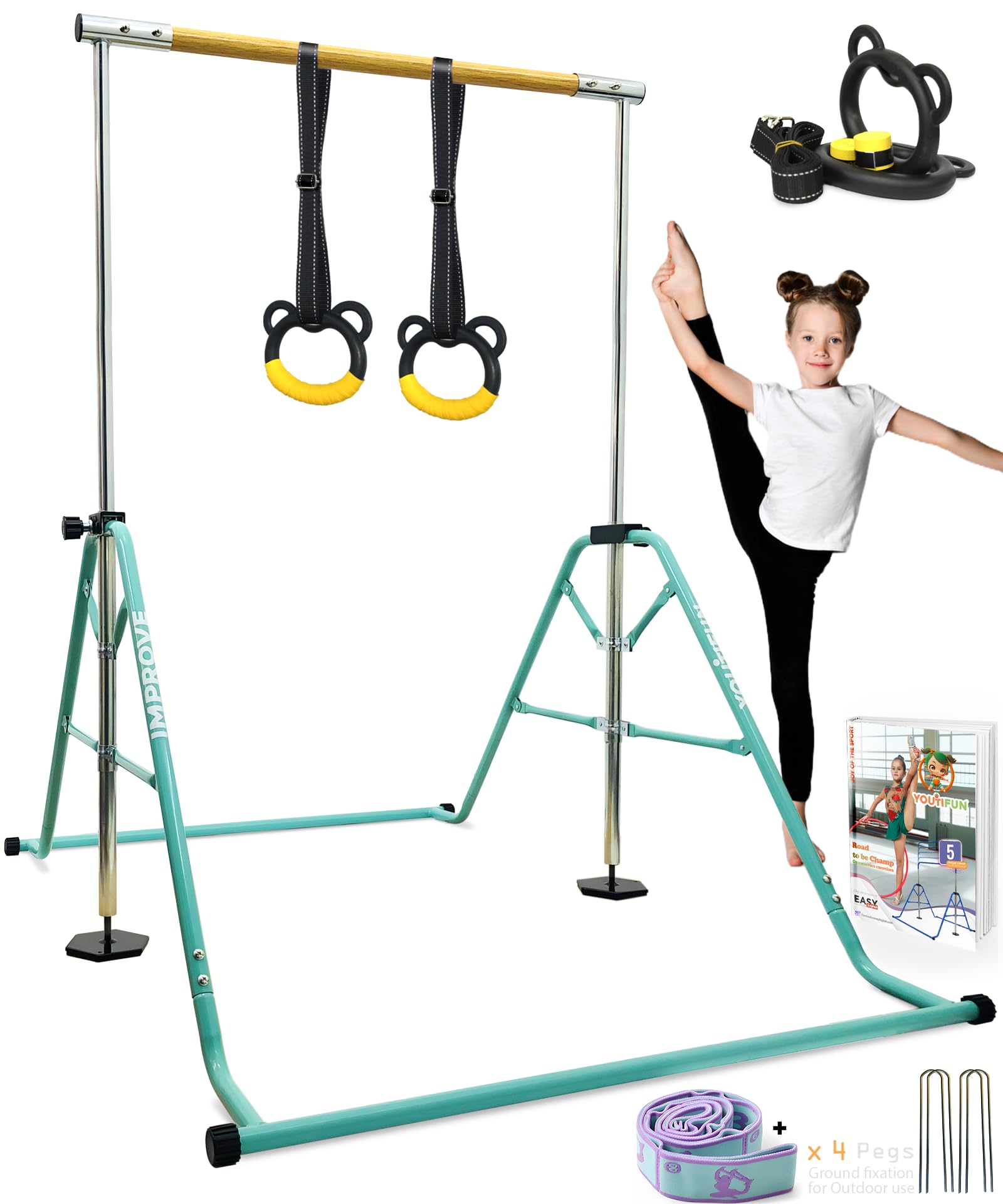 YOUTIFUN Fiberglass Gymnastics Bar, Kids Gym Equipment 5 Level Height Adjustable Pull Up Horizontal Gymnastic Bar, Gymnastics Equipment for Home for Girls & Boys, 3 to 12 years old (Pastel Green)