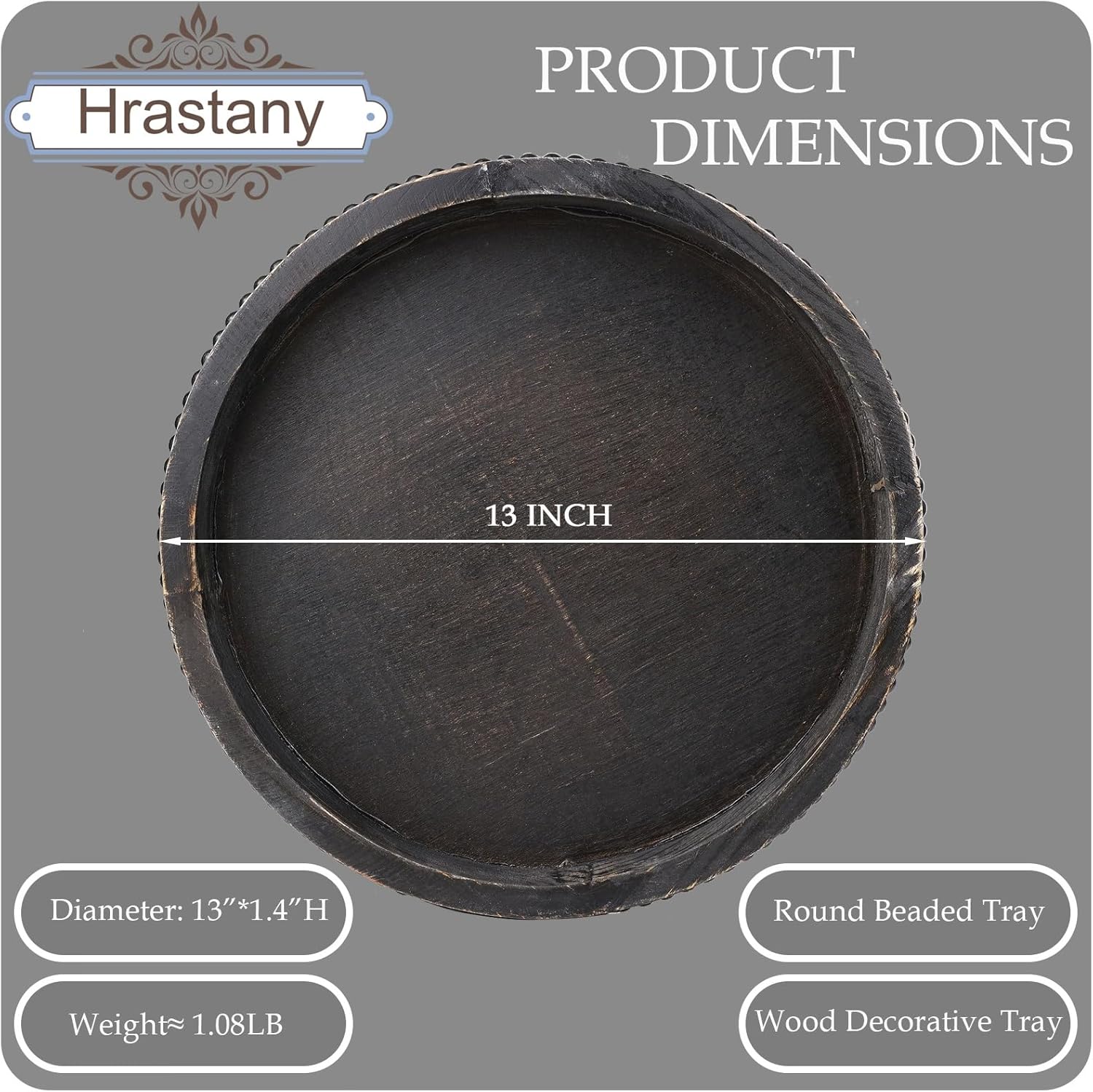 Hrastany Round Wooden Serving Tray with Beads, Circle Vintage Black Wood Coffe Table Tray for Dining Room Table Centerpiece, Kitchen Counter