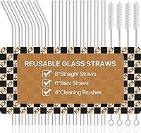 KALLAX 18-Pack Reusable Glass Straws - 8 Straight 6 Bent 8.5x10mm with 4 Cleaning Brushes, BPA-Free Dishwasher Safe for Smoothies Tea Juice