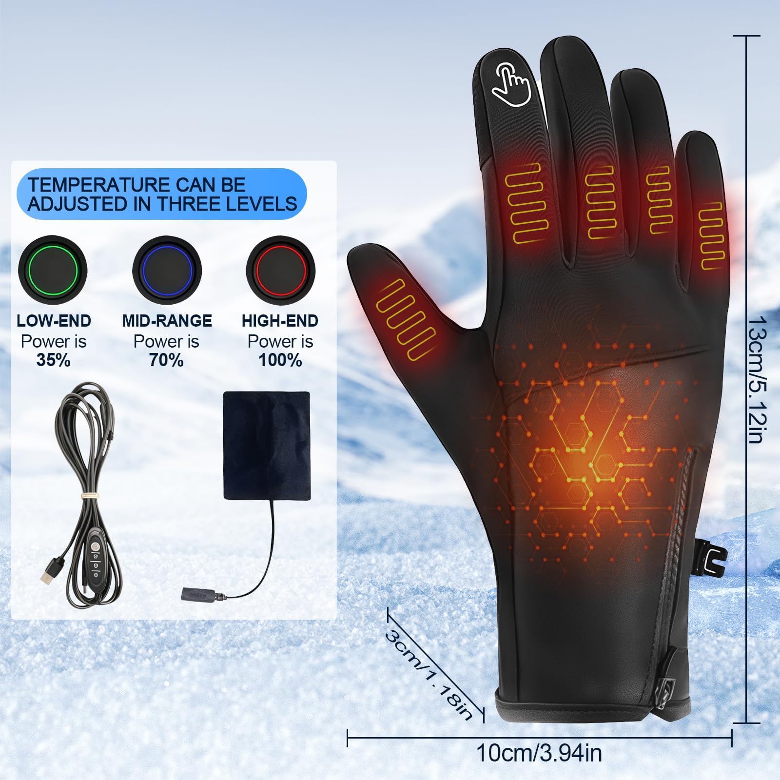 Générique Gants Chauffants pour Homme Femme, Rechargeable Gants Chauffants USB avec Écran Tactile, Imperméables et Antidérapants, 3 Températures Réglables, Gants Hiver pour Velo/Moto/Ski/Travail
