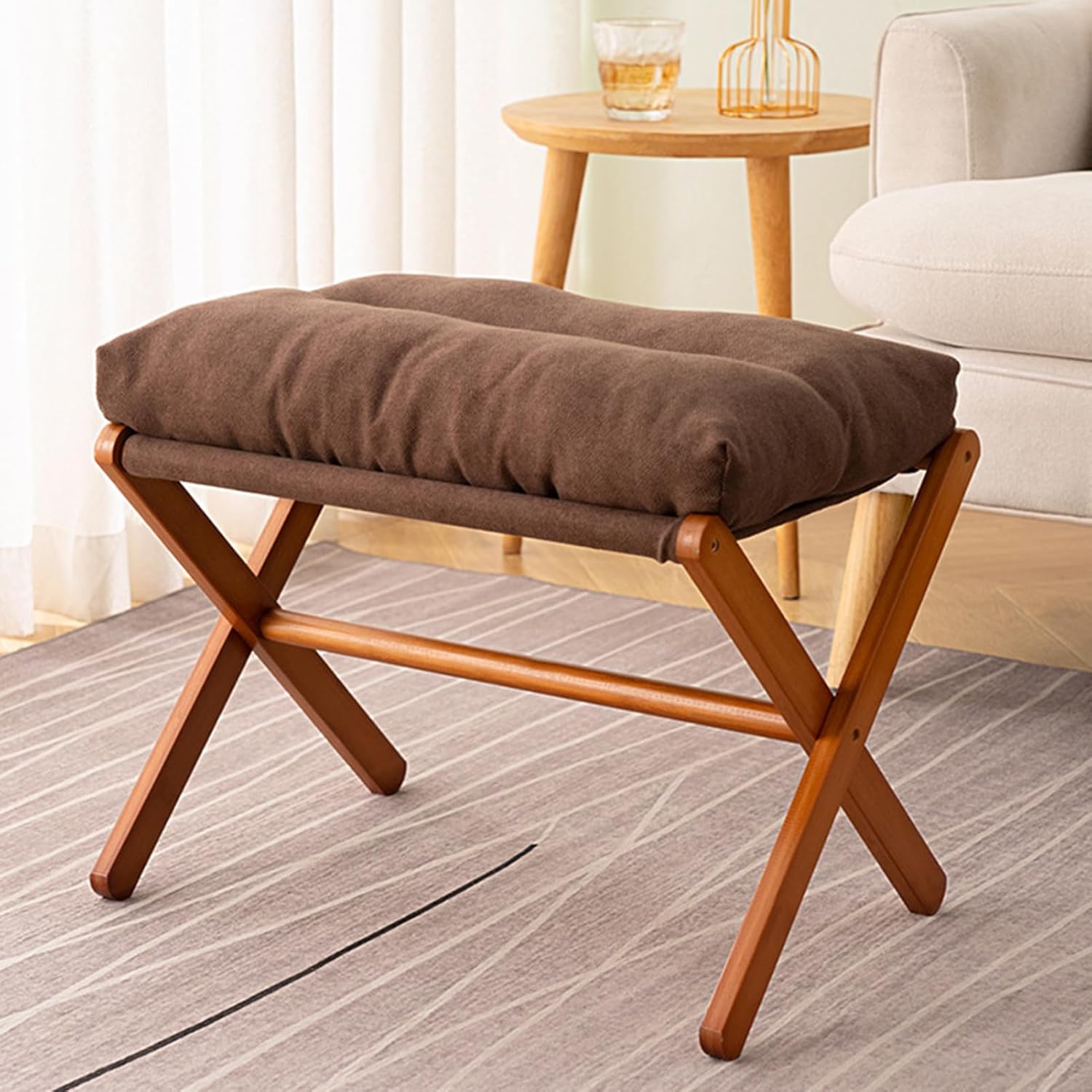 Folding Upholstered Footrest Stool, Bamboo X Legs & Thick Foam Cushion, Small Accent Ottoman for Lazy Chair, Makeup, Bedroom, Living Room, 20.8" L x 13.7" W x 14.2" H (Beige)