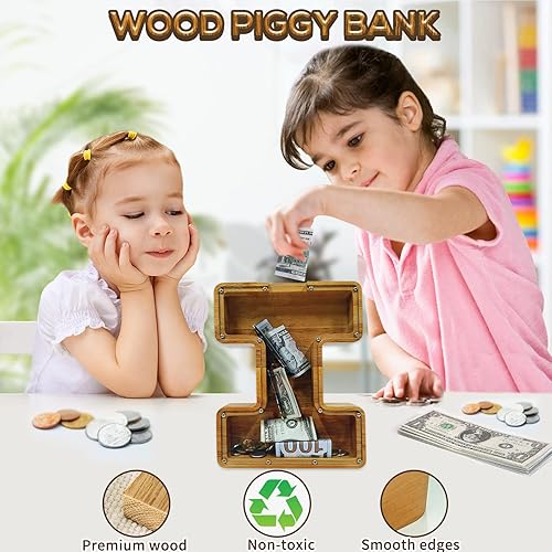 Miniatura 84 de Alcancía para niños y niñas, alcancía grande de madera personalizada con diseño recortado, bancos de monedas con letras del alfabeto, caja de ahorro