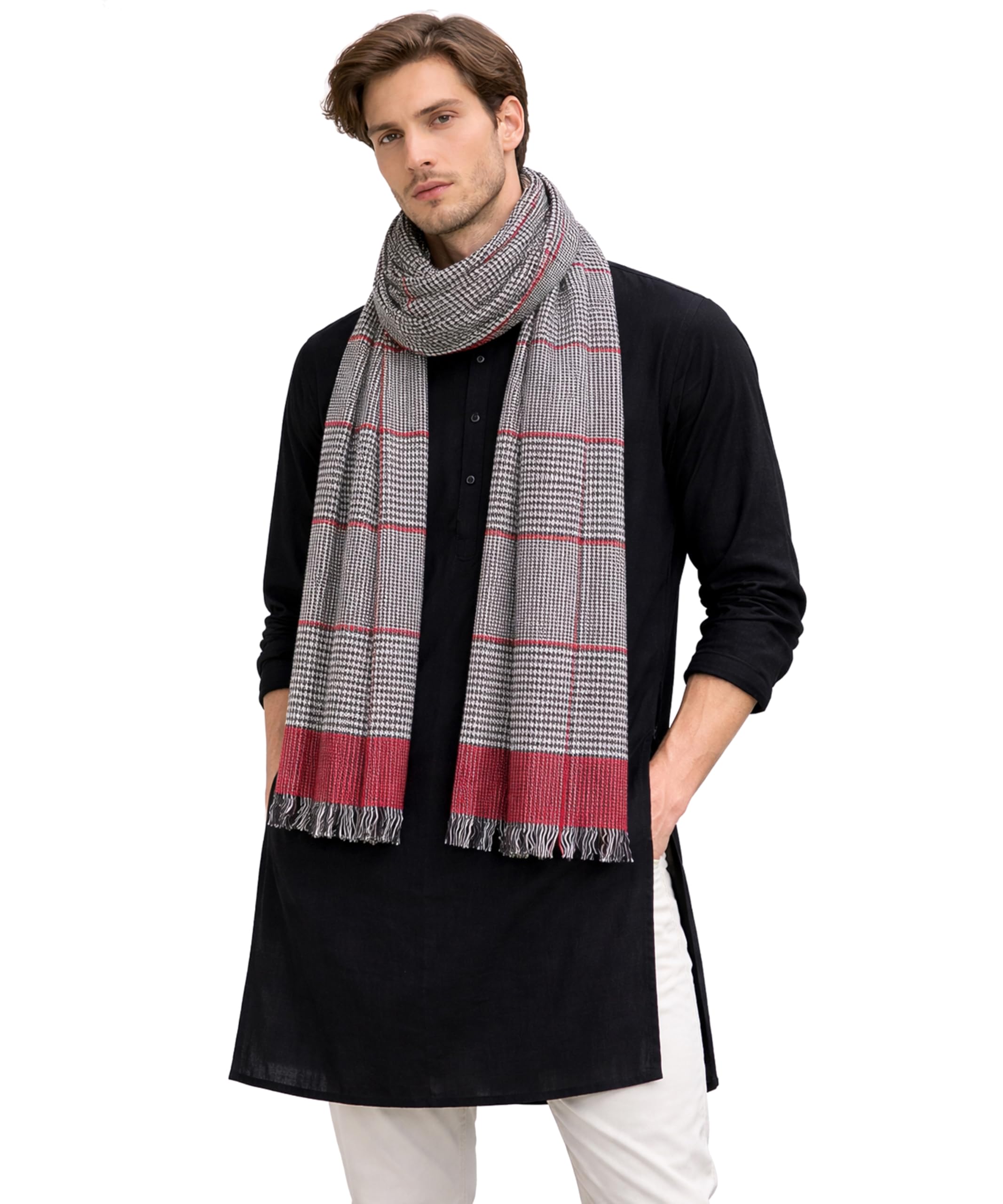 Men’s Winter Woolen Stole for Kurta | Designer Checked Shawl Scarf for Men | Soft Warm Long Muffler Wrap | Traditional Ethnic Wear for Formal & Casual-image-12