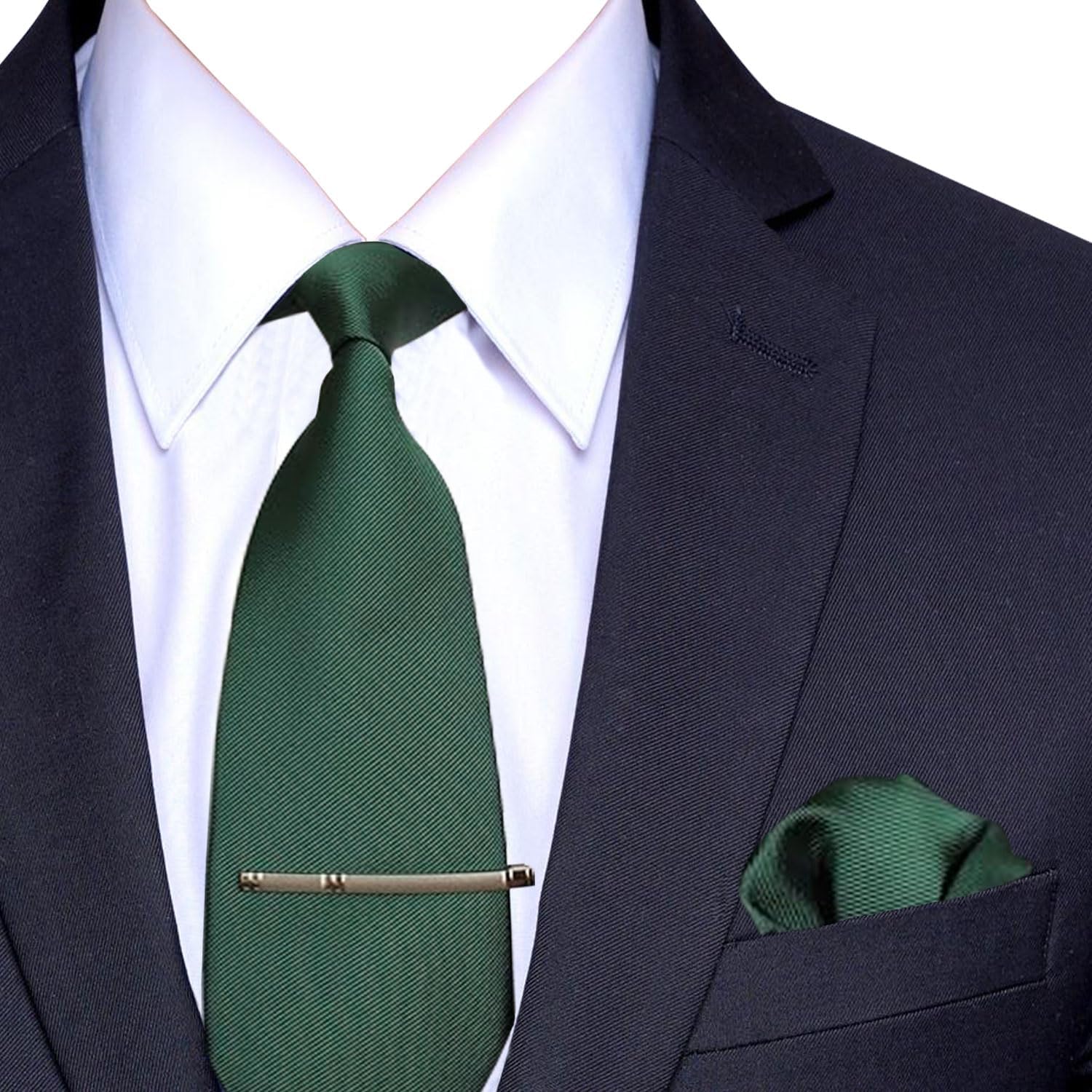 Solid Color Formal Necktie, Pocket Square, and Clip Set for Men - Silk Handkerchief and Woven Necktie Set