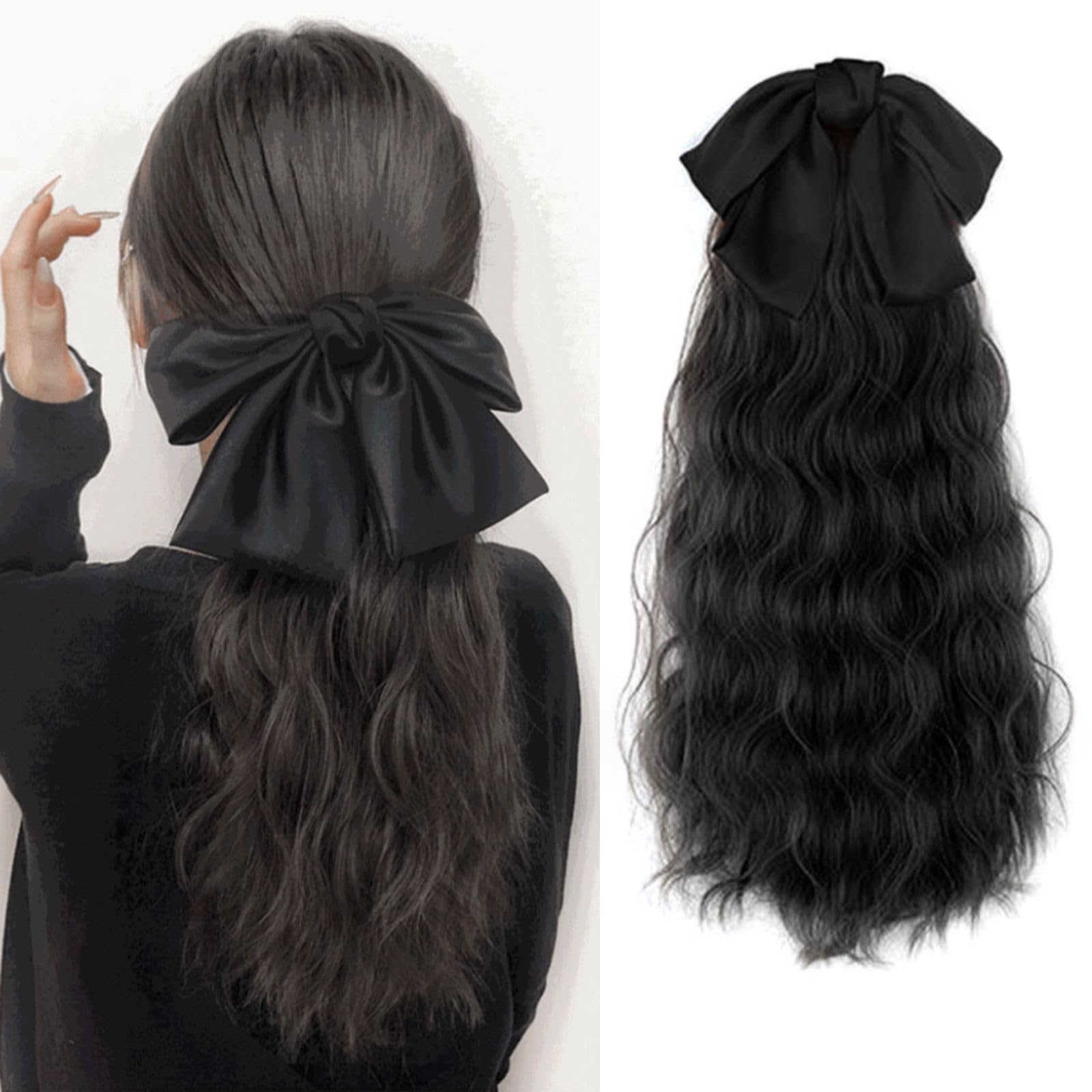 Wig Ponytail with Large Butterfly Bow Clip - Natural Voluminous Curly Hair Ponytail Hairpiece