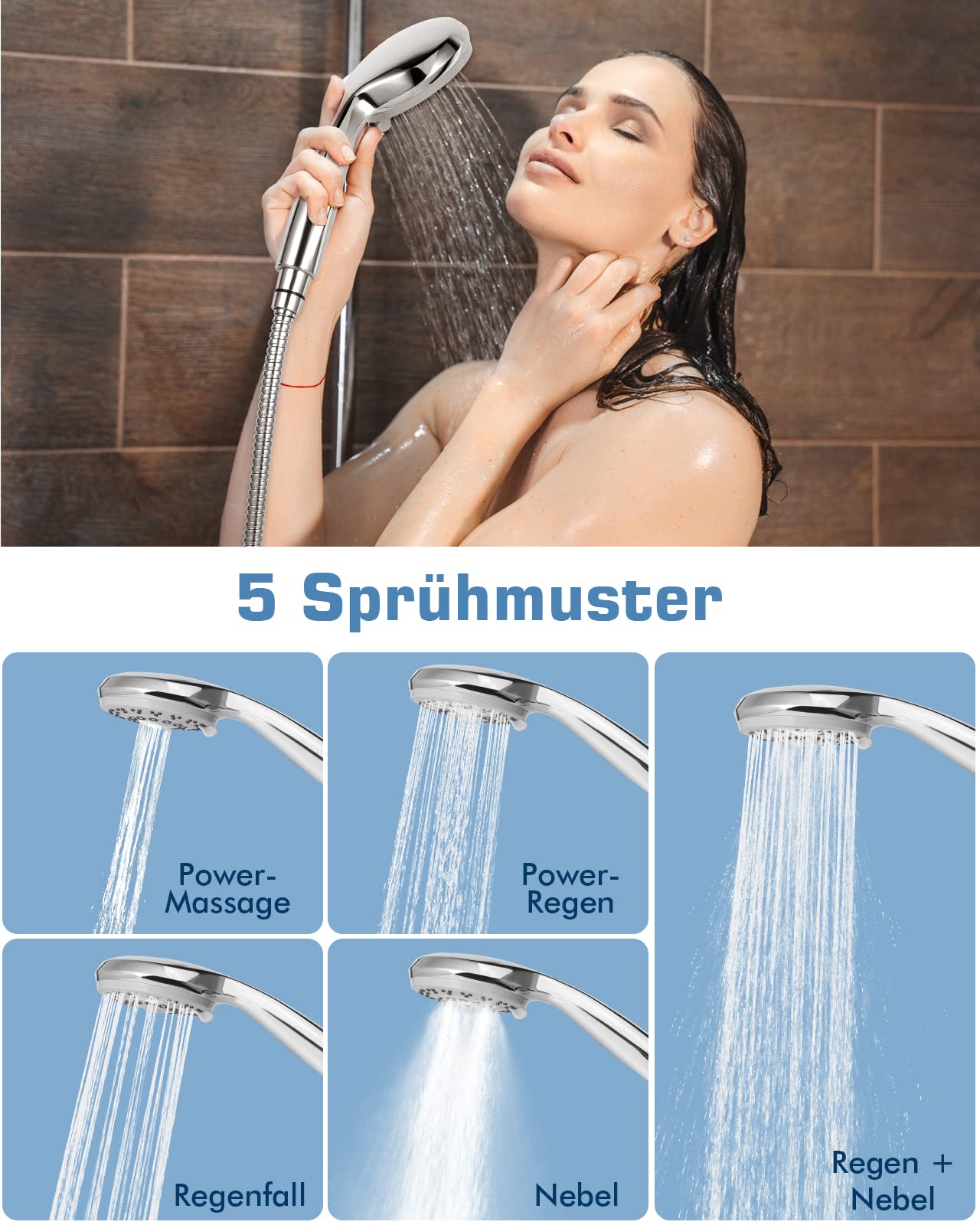 Hochdruck Duschkopf Set Mit 10 Sprühmodi - 2m Schlauch, Wassersparend