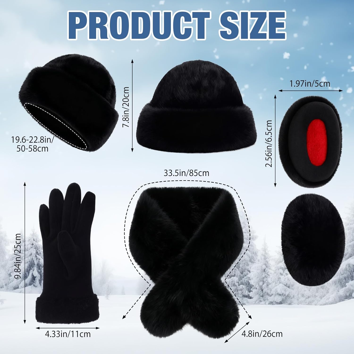 Mepase 4 Pcs Women Winter Faux Mink Fur Mongolian Hat with Faux Fur Collar Scarf Earmuffs and Touch Screen Gloves Set - Image 2