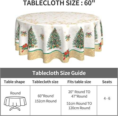 Miniatura 5 de Mantel redondo de Navidad de 60 pulgadas, mantel de árbol de Navidad dorado con copos de nieve para decoración rústica de cocina de granja, mantel