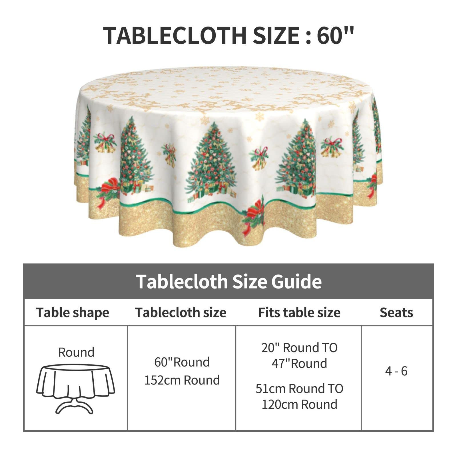 Kerst tafelkleed, winter rond tafelkleed 152 cm, gouden sneeuwvlok kerstboom tafelkleed voor rustieke boerderij keuken decor, afveegbare polyester stof tafelkleed voor vakantie feest buiten kamperen