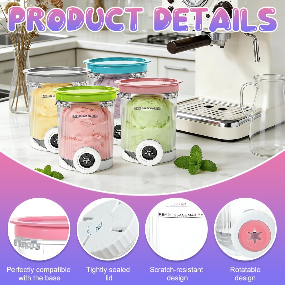 4 Stück Behälter für Ninja CREAMi NC700 NC701, 480ML Creami Behälter mit Deckel und Schaufel, BPA-Frei und Spülmaschinenfest Becher, Creamy Deluxe Becher, Eisbehälter für Ninja Creami Zubehör