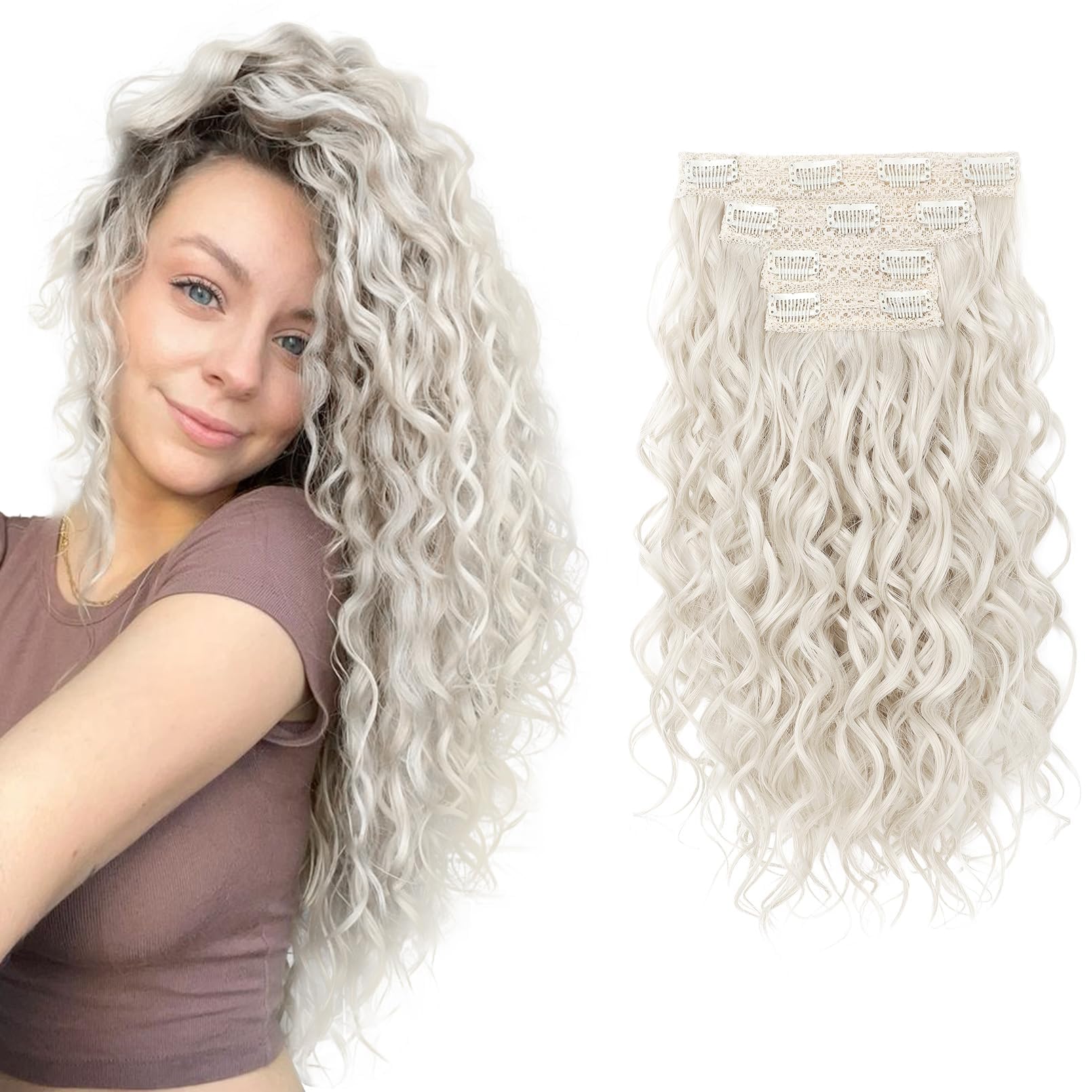 REECHO Curly Hair Extensions, 4PCS 16 inch Clip in Hair Extensions Lace Weft Short Curly Hair Extensions Clip Ins Invisible Natural Hairpieces for