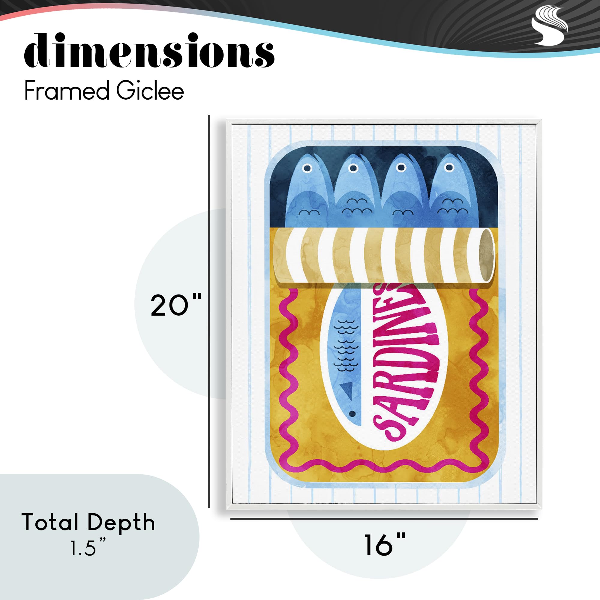 Stupell Industries Gelbe Sardinen-Dose über Streifen, weiß gerahmt, Giclée-Kunst, Design von Daphne Polselli, 50,8 x 40,6 cm