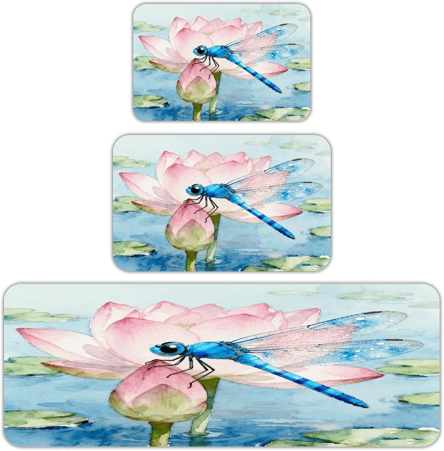 Blue Dragonfly Patternsss Kitchen Rugs Sets of 3 Non Slip Kitchen Mat for Floor Comfort Standing Rug and Mats Thick Cushioned Long Area Carpets for Laundry Room Entryway