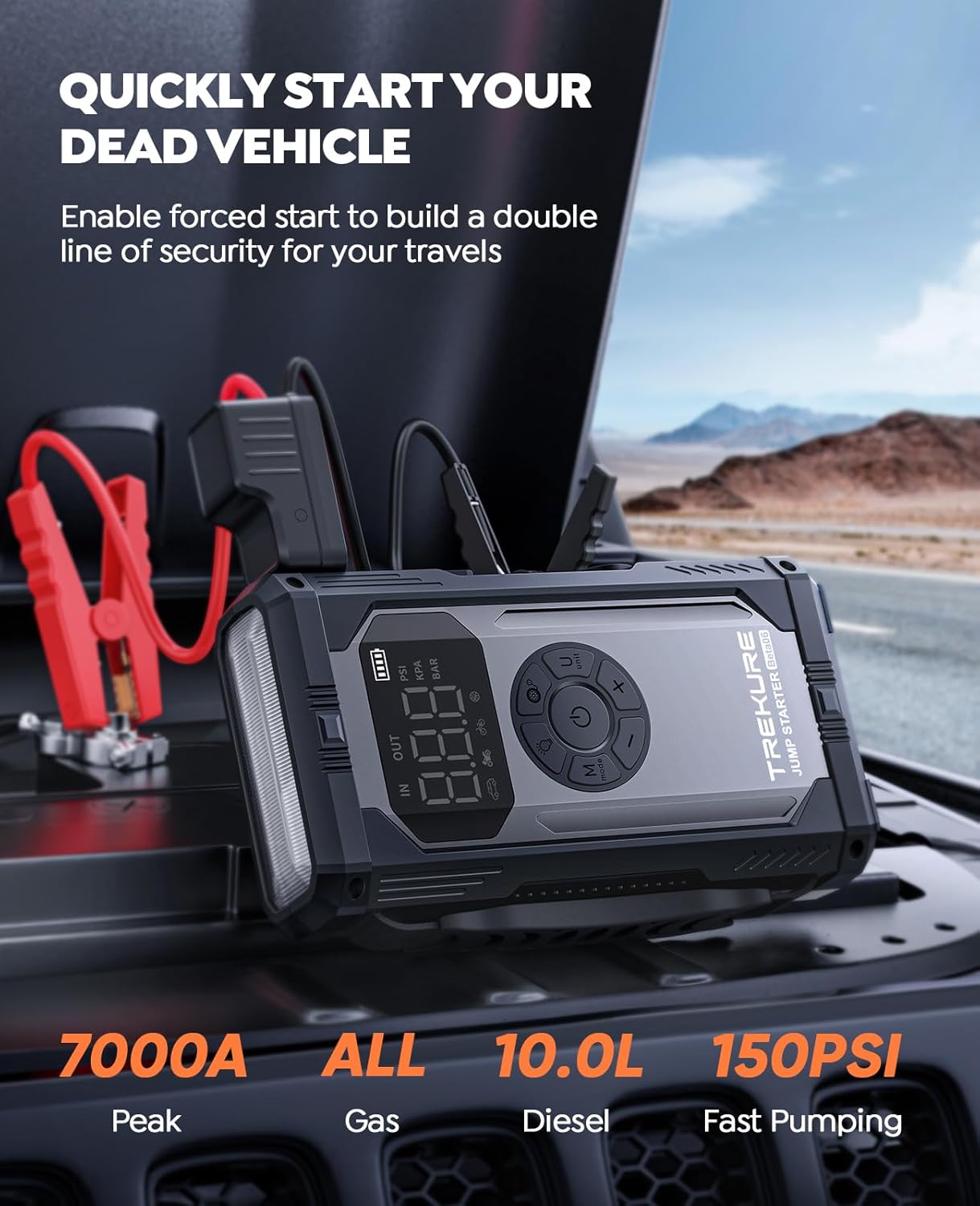 TREKURE Jump Starter connected to a car battery for jump starting.