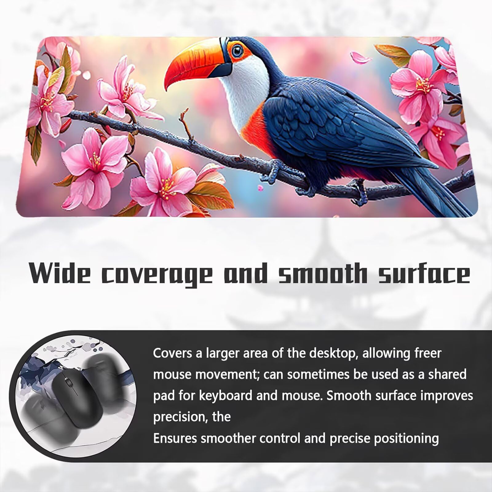 Tappetino Mouse XXL, 60x120cmx3mm, Tappetino per Mouses Gaming, Base in Gomma Antiscivolo, Tastiera Desk Mat, Migliora Precisione e Velocità, Accessori per Ufficio, Fiori Uccelli Giganti D6YY-500