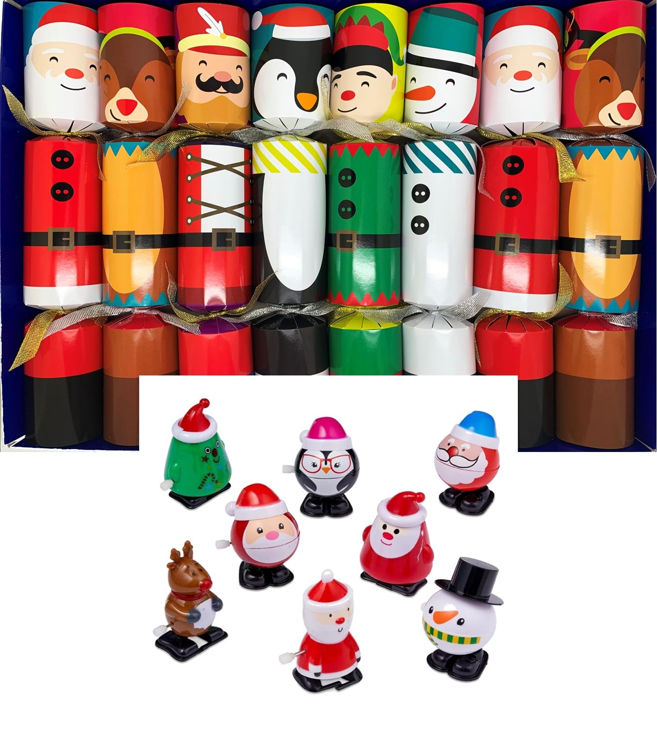 Crackers Ltd Set of 8 Racing Clockwork Characters Christmas Crackers - snowman, trees, santa and more