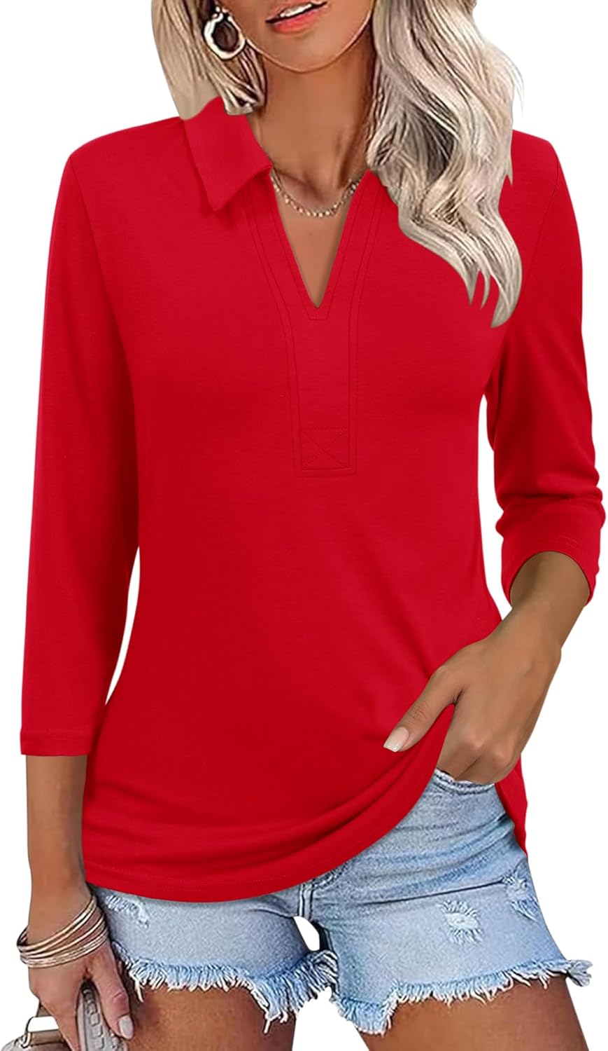 ZHENWEI Women's 3/4 Length Sleeve V-Neck Collared Tops Summer Business Casual Work Polo Shirts 2025