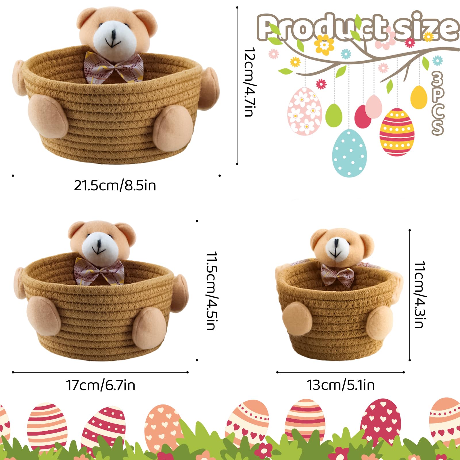 3Pcs Cesta de Huevos de Pascua, Cesta de Cuerda de Algodón, Cesta del Conejo de Pascua, Cesta Organizadora Cuerda Algodón Tejida, Cestas de Almacenaje, Cestas Baño Organizadoras (Marrón)