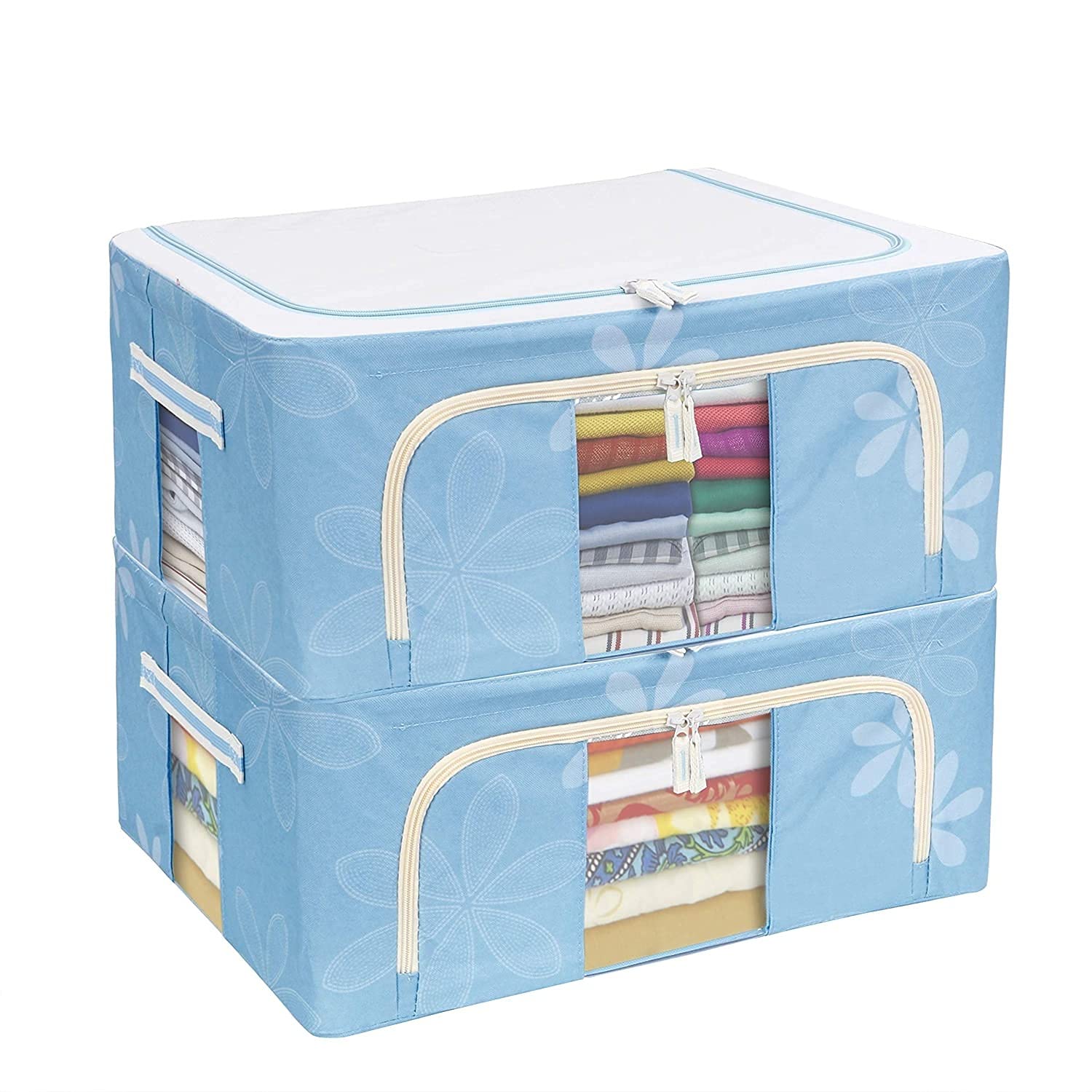 FLYNGOFoldable Steel Frame Clothes Organizer Storage Box for Wardrobe Saree, Shirts, and Blankets (44 Ltr - Pack of 2, Oxford Fabric)