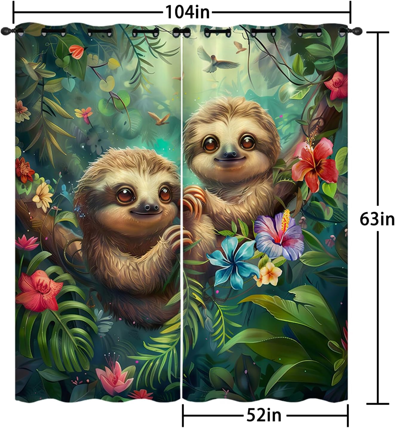AILONEN Cute Sloth Window Curtain,Green Leaf Flower Window Drapes for Girls Boys,Kawaii Animal Theme Window Treatment Drapes for Bedroom Living Room Decor, 52" W x 63" H (2 Panels)