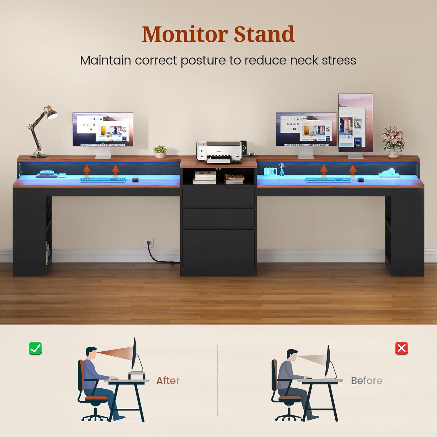 96.6" Long Computer Desk, 2 Person Desk with LED Lights & Power Outlet, Modern Two Person Gaming Desk with File Drawers, Monitor Stand, Printer Shelf ＆ Storage, Double Table for Home Office Black