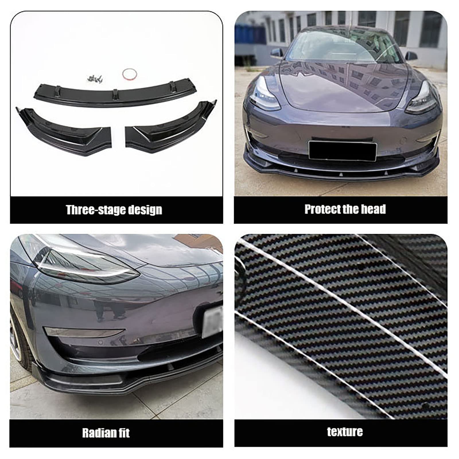 Kompatybilny z Tesla Model 3 2017-2023, przedni spojler, samochodowy zestaw do stylizacji samochodu, akcesoria zewnętrzne, błyszczący czarny