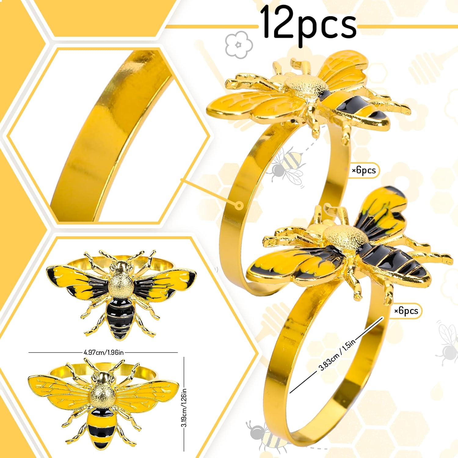 Whaline Set of 12 Bee Napkin Rings Bulk Bumblebee Metal Napkin Holders for Summer Party Family Gathering Wedding Birthday Dinner Table Decoration Supplies