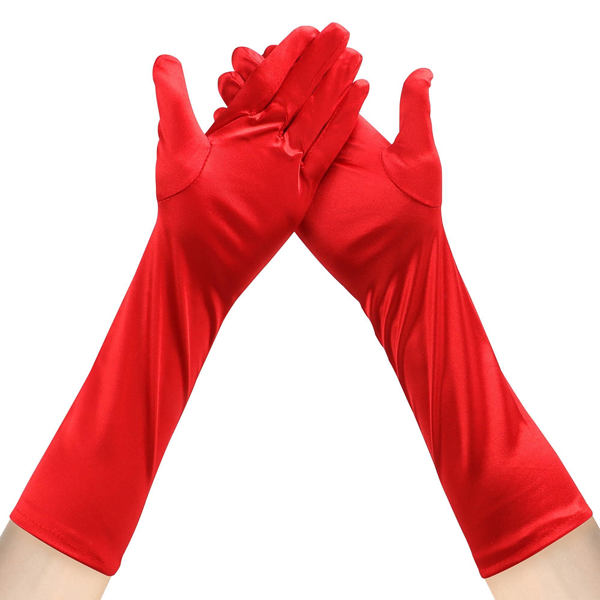 JUNART Long Satin Gloves 15.3" Women Forearm Length Gloves Soft and Breathable Gloves for Opera Wedding Party Cosplay Dance Halloween(Red)