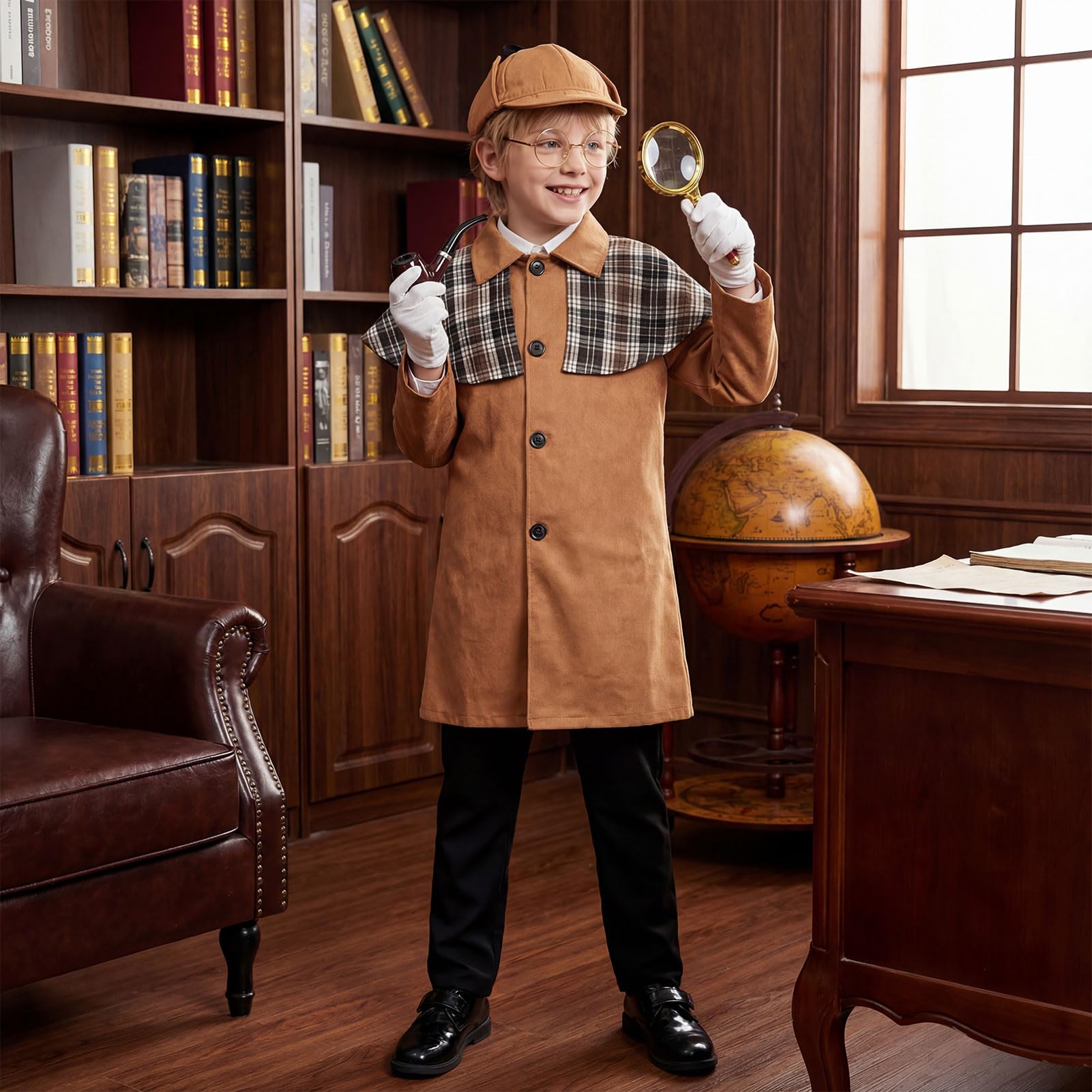 Meriviva Detective Costume Kids, Victorian Detective Costume Boys with Coat Hat Glasses Magnifying Glass Gloves - Image 3