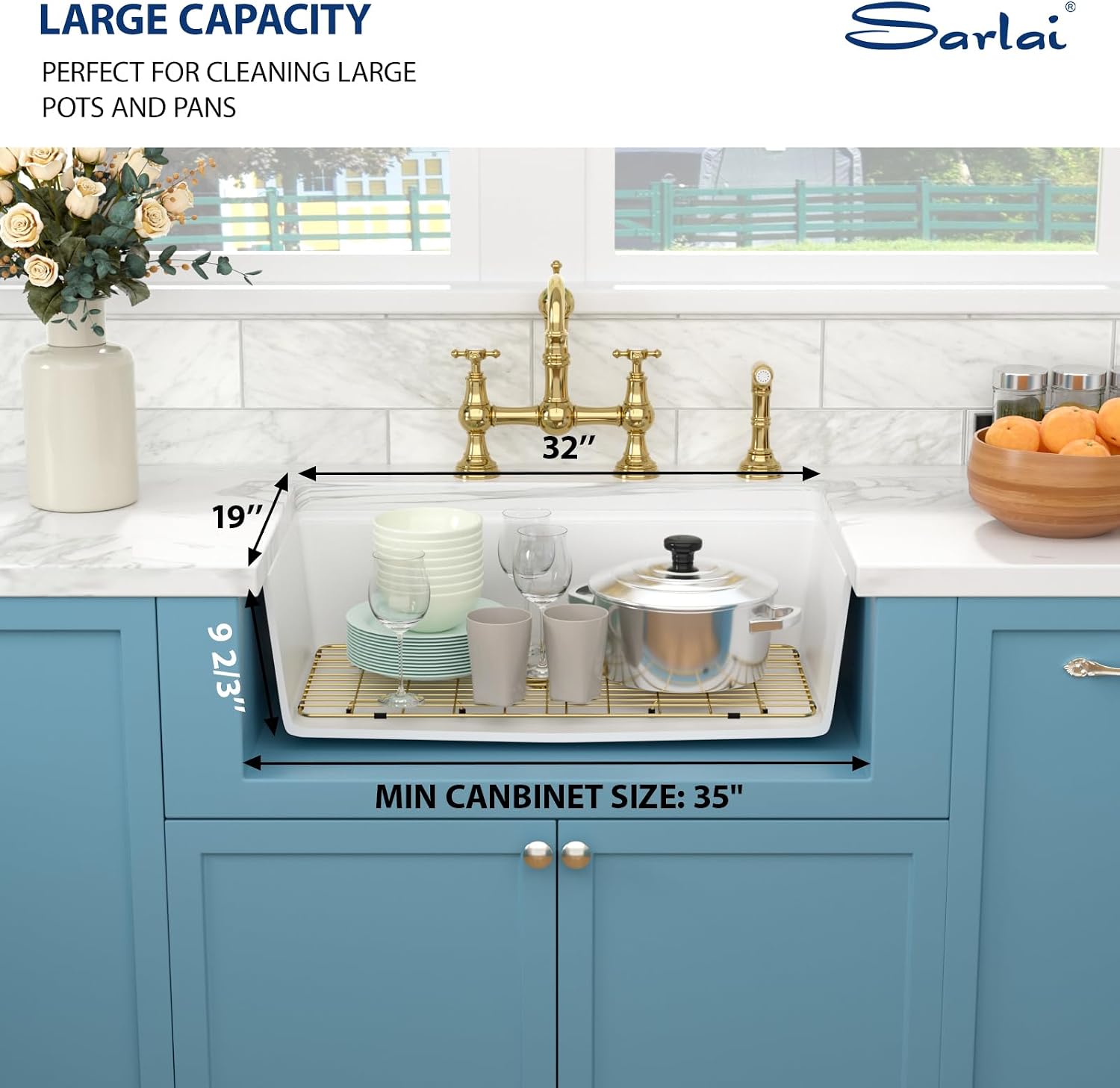 Sarlai 32 Granite Composite Kitchen Sink - 32 x 19 Inch Granite Undermount Kitchen Sink Ledge Workstation Under-Mount White Quartz Classic Single Bowl Sinks Under Counter Basin With Gold Accessories