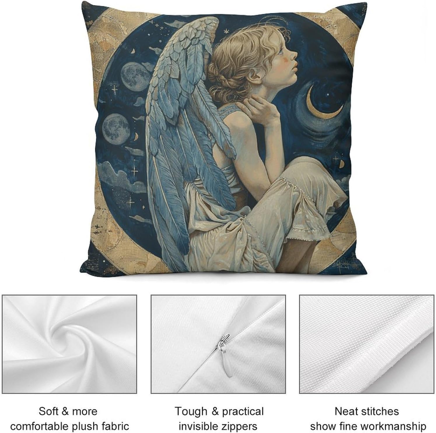 Zippered Pillow Cover, Pillow Protector, Angel with Blue Wings Printed Pillow Cover of 4, Pillow Not Included