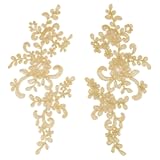 4Pcs Embroidery Lace Appliques 9x4&apos;&apos; Golden Leaf Flowers Patches Polyester Decorative Floral Appliques Dress Gown Sewing Decorations for Fabric DIY Crafting