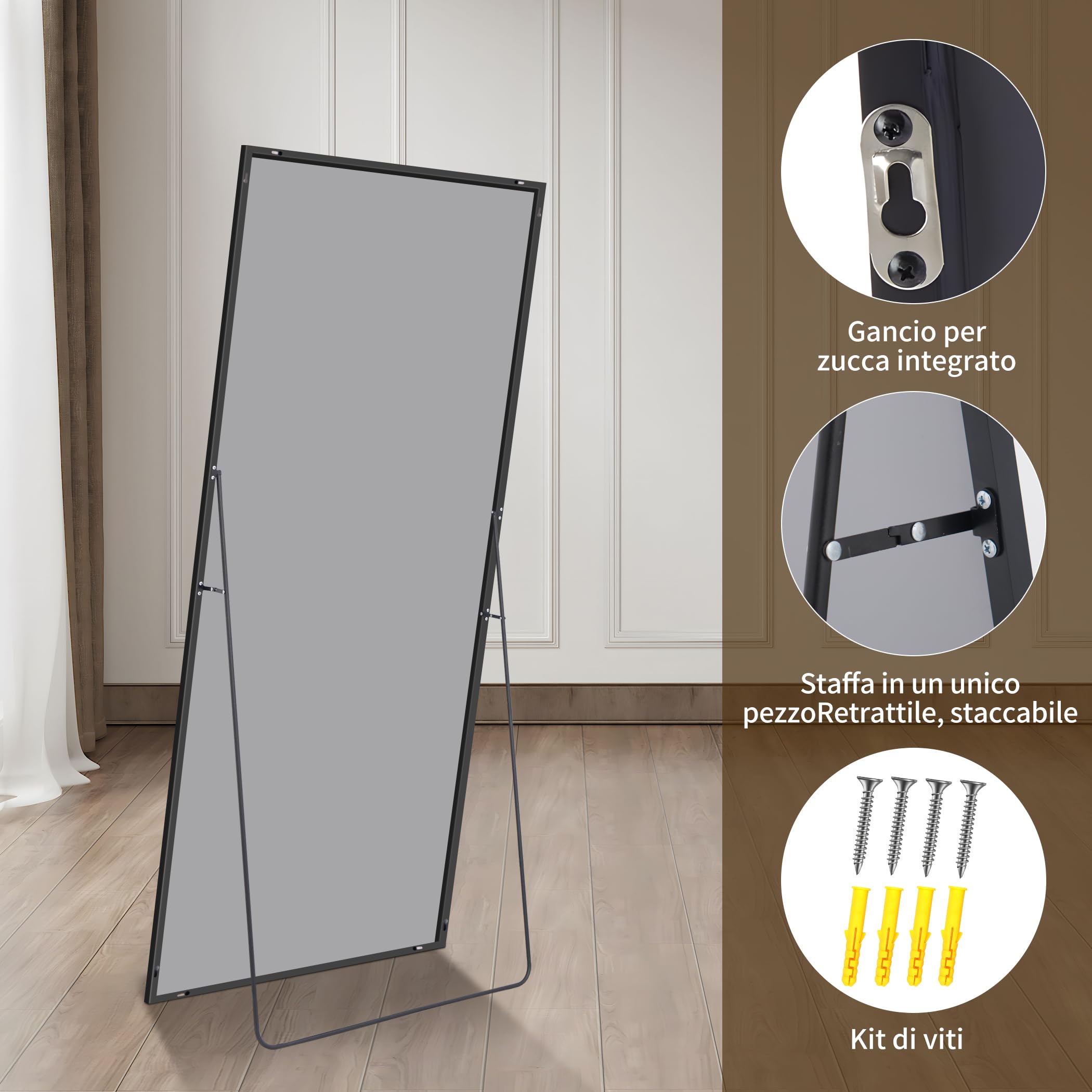 KOCUUY Specchi da Parete Rettangolare 60x165 cm, Specchio da Parete Decorativo Nero Con Cornice In Metallo, Grande Specchi da Appendere Per Soggiorno, Camera da Letto, Corridoio Specchio da Appendere