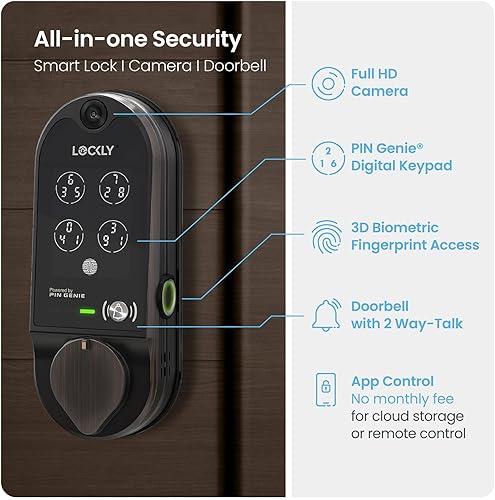 Miniatura 2 de Lockly Vision Smart Lock, cerraduras inteligentes de timbre de video HD para puerta delantera, cerradura de puerta de huellas dactilares, teclado de