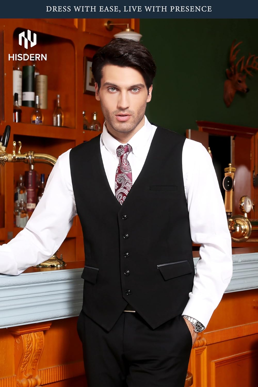 HISDERN Men's Suit Vest Business Suit Vests for Men Formal Slim Fit Solid Wedding Dress Waistcoat for V-Neck Tuxedo Vest - Image 2