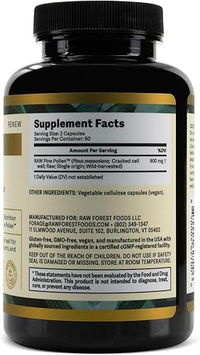 Miniatura 7 de Cápsulas de polen de pino crudo, nutrición adaptogénica y funcional, veganas y paleo, crudas, de origen único, pared celular agrietada, hombres y
