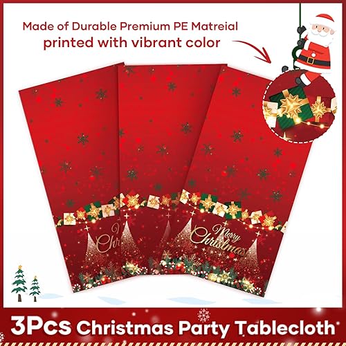 Miniatura 5 de 3 manteles de Navidad de 54 x 108 pulgadas, desechables, de plástico, rectangular, color rojo, copos de nieve, decoración de mesa de Navidad para el
